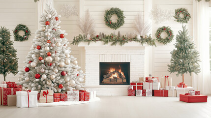 A white Christmas tree decorated with red and silver ornaments, surrounded by presents under the fireplace in front of it. The room is adorned with decorations such as wreaths on the walls.