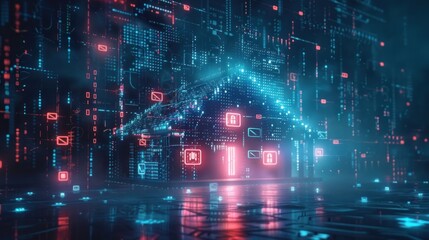 Obraz premium Futuristic digital cityscape featuring a glowing neon lit landscape with a high tech cyberpunk inspired atmosphere Skyscrapers matrices and data visualizations create a stunning