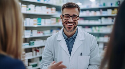 Fototapeta premium male pharmacist smiling while explaining a prescription to a customer,