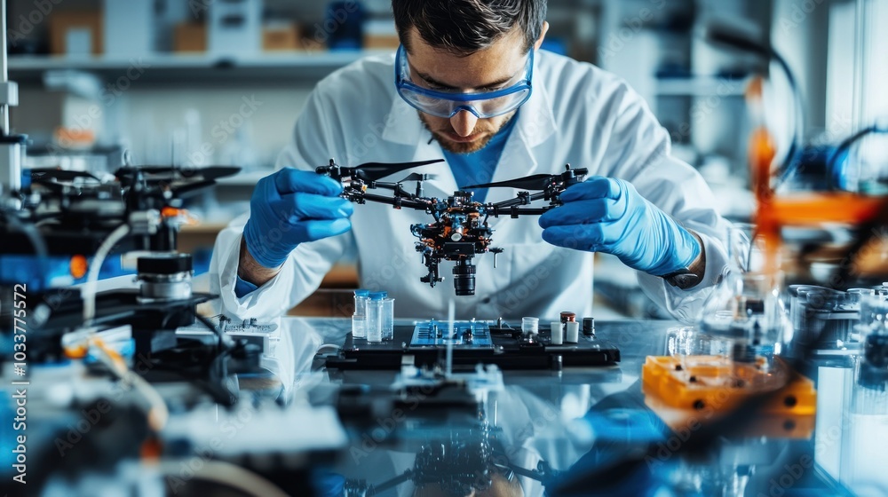 Poster Scientist Examining a Drone in a Laboratory Setting