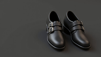 A pair of black leather shoes with silver buckles rest against a dark background, adding a touch of classic, elegant, yet subtly spooky style for Halloween or gothic themes.