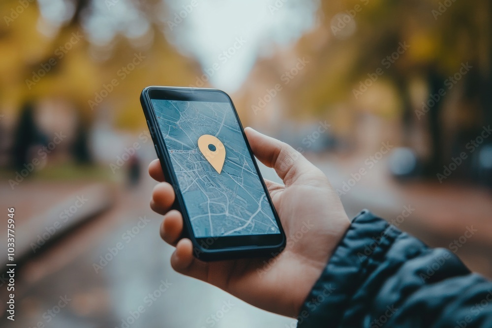 Poster A person grips a smartphone showing a location pin, indicating navigation or search in an outdoor area surrounded by trees. Generative AI