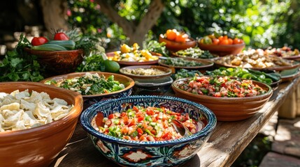 Fototapeta premium A table of colorful, delicious food. Perfect for a blog about food, cooking, or healthy eating.