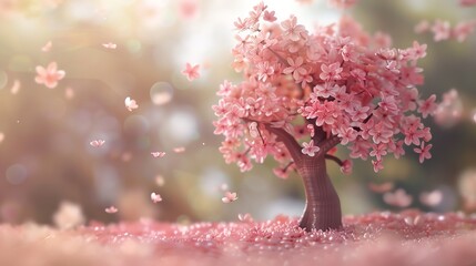 Naklejka premium A tree with pink blossoms and falling petals.