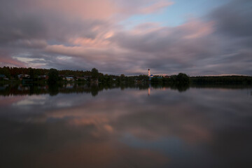 Raifa monastery at sunset is reflected in the lake, Kazan, Russia