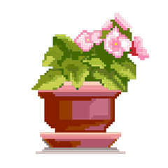 Decorative pink flowers in a flowerpot, pixel art, embroidery pattern 