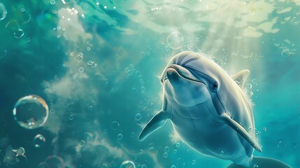 Fototapeta premium A dolphin swims in the ocean with bubbles rising around it.
