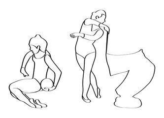 Rhythmic gymnastics, sketch of gymnasts with ball and ribbon