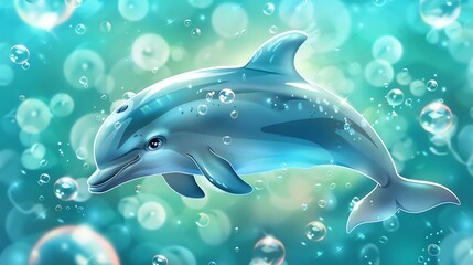 Fototapeta premium A cartoon dolphin swims through turquoise water with bubbles.