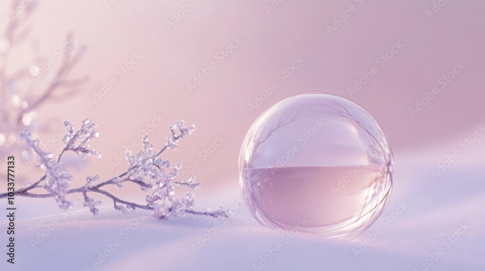 Leinwandbilder A translucent bubble gently rests on a blanket of fresh snow, accompanied by a frost-covered branch. The scene is illuminated by soft pastel light, creating a serene winter atmosphere.