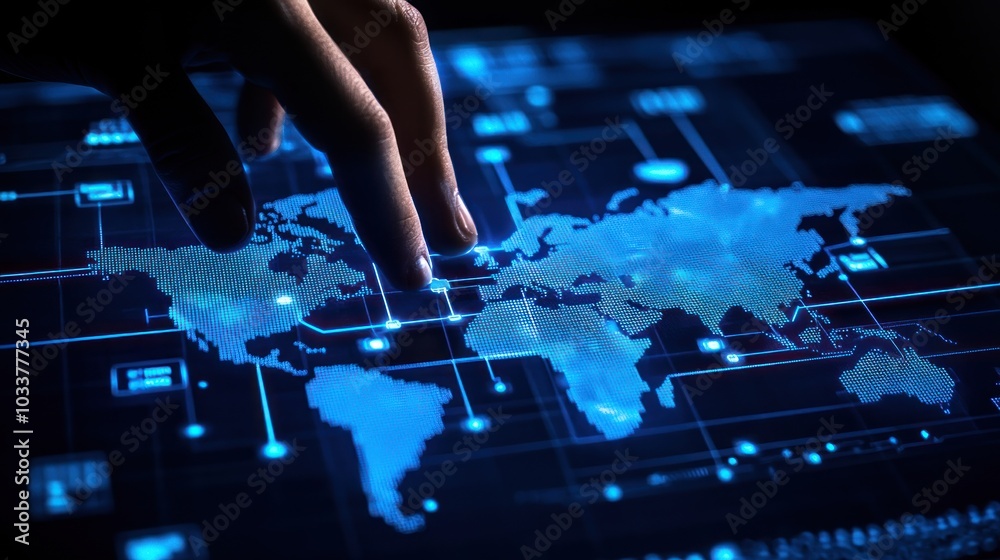 Poster a finger interacting with a digital world map