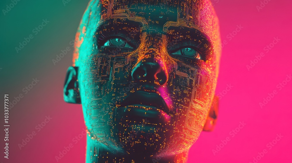 Poster humanoid face with circuitry pattern and neon lights
