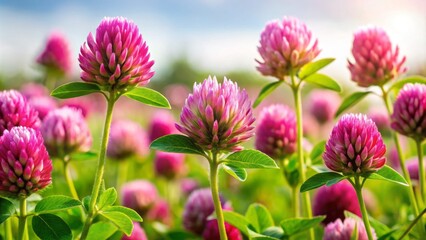 Red Clover Blooms, Botanical Beauty of Trifolium Pratense, Vibrant Green Leaves, Nature's Nourishment, Floral Detail, Medicinal Plant, Pollinator Support, Healthy Ecosystem