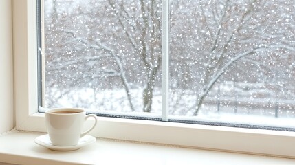 Fototapeta premium A warm cup of coffee rests on a wooden table, surrounded by a cozy blanket, while beautiful snow-covered trees and houses are viewed through the window
