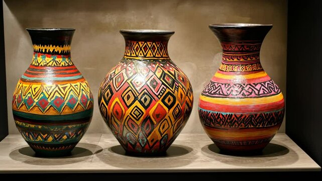 Three colorful ceramic vases with geometric patterns are displayed on a shelf