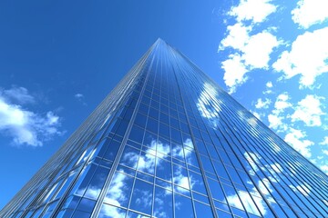 A towering glass skyscraper reflecting the vibrant blue sky and fluffy clouds, showcasing modern architectural design.