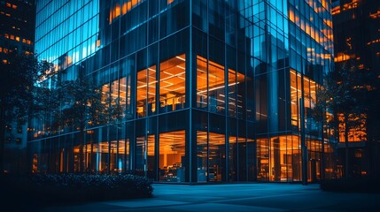 The modern office building facade at night reveals deep blue glass windows with illuminated interiors, featuring geometric patterns and warm light contrasting against the cool exterior.