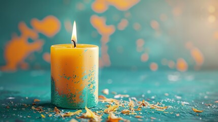 A yellow candle with teal accents burns on a teal surface.