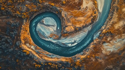 view of a winding canyon with a river flowing through it, showcasing the contrasting colors of the red rock and blue water.
