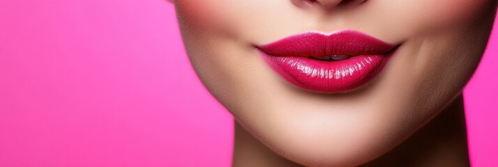 Obraz premium A young woman smiles broadly, highlighting her luscious lips and bright makeup, perfect for a beautician's promotional display. Generative AI
