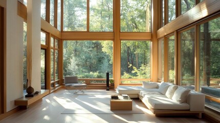 A bright, airy modern living room with expansive windows, clean lines in the minimalist furniture, and wooden walls, showcasing a perfect balance of natural light and contemporary design.