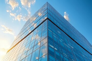 A modern glass skyscraper reflecting the blue sky and clouds, showcasing contemporary architecture and design.