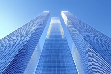 Three tall skyscrapers rise into a clear blue sky, showcasing modern architecture and a sleek glass facade.