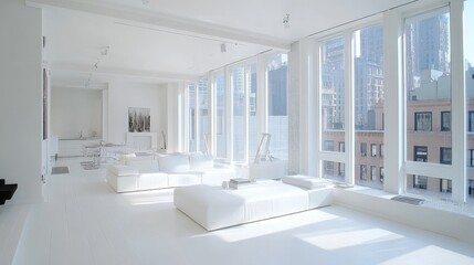 Fototapeta premium A bright and airy modern white apartment, featuring sleek white furniture, minimalist and floor-to-ceiling windows that allow natural light to fill the space.