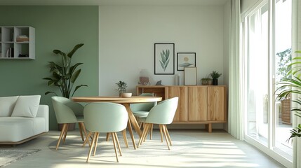 A bright and airy room with mint green chairs at a round wooden dining table, a white sofa, and a wooden cabinet next to a beautiful green accent wall.