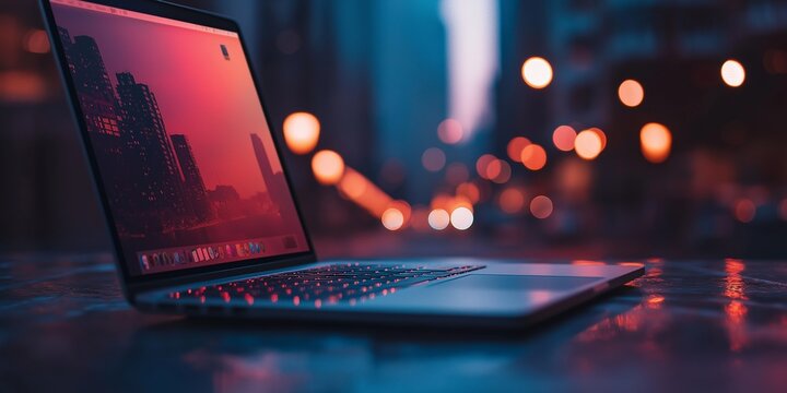 A sleek open laptop on a table, city lights and blurred street in the background at dusk.