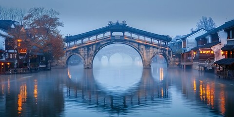 Arched bridge at sunset in a traditional Jiangnan water town, Zhejiang province. A beautiful depiction of Chinese culture with serene waterways, ancient architecture, and golden sunset light reflectin