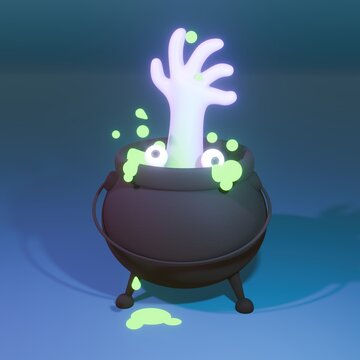 Witch cauldron with green potion, and Zombie hand with candie vector illustration. Purple cartoon boiler or pot. Halloween element decor. Making a potion