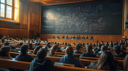University Lecture Hall with Students and Professors, Students attentively listening to professors in a university lecture hall with a complex chalkboard diagram in the background.