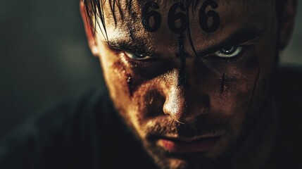 A man with the mark of the beast on his forehead. 666 the number of the beast. Biblical prophecy where no man or woman can buy or sell if they don't have the mark of the beast embedded in the forehead