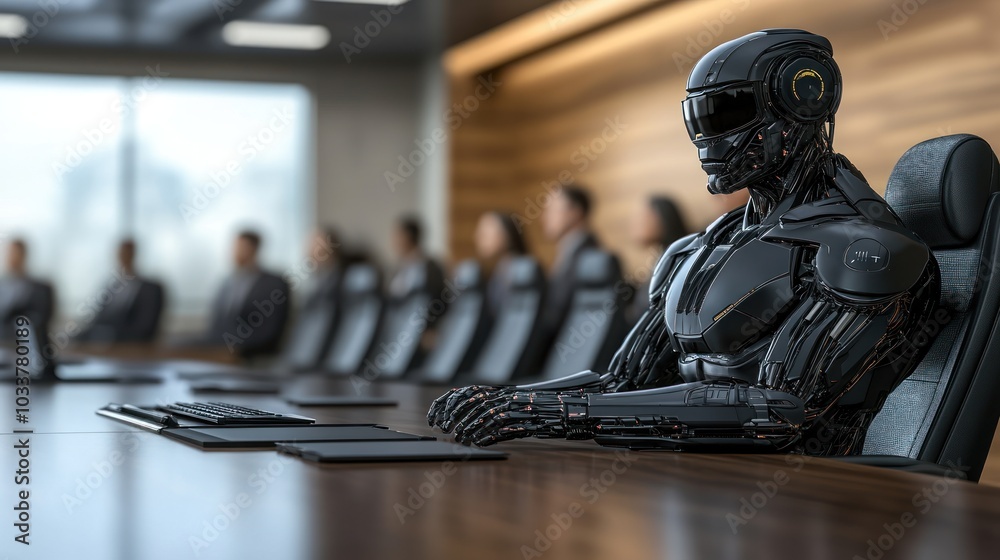 Aufkleber a black robotic figure sitting at a conference table with human figures blurred in the background