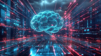 A business setting where artificial intelligence is visualized as a holographic brain analyzing big data, with interconnected cloud computing networks and cyber systems in the backdrop.