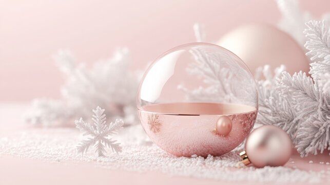 A rose gold Christmas ornament, partially filled with white snow, rests on a pink background. It is surrounded by white snow and snowflakes.