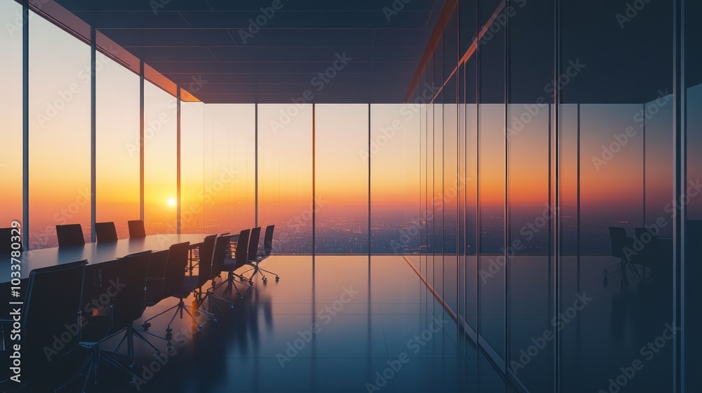 Poster Empty Conference Room with Sunset View from Large Windows