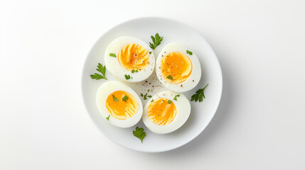 Delicious soft boiled eggs served on white plate, garnished with fresh parsley and sprinkled with black pepper. perfect dish for breakfast or healthy snack.