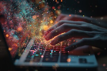 Typing on a keyboard with colorful particles of light. 