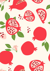 Abstract vertical pomegranate poster, vector flat illustration. Summer or autumn bright pattern with tropical fruit, harvest cover design. Can used for labels, market ad, posters, covers for print.