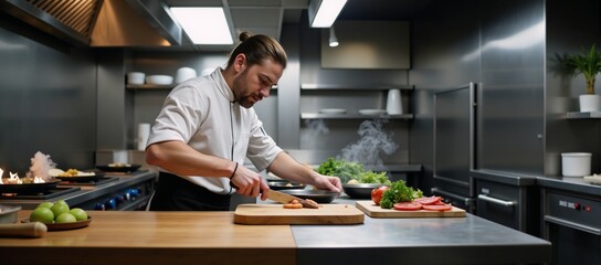 A commercial kitchen features a chef expertly preparing meals
