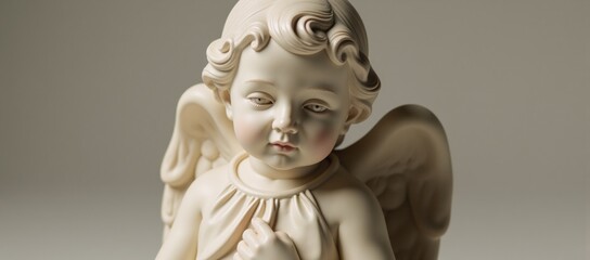 A baby-angel statue is depicted in a photorealistic style with intricate details
