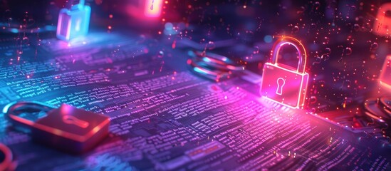 Abstract cybersecurity backdrop with neon lights digital codes and a lock icon  Represents the importance of data protection network security and online safety in the digital age
