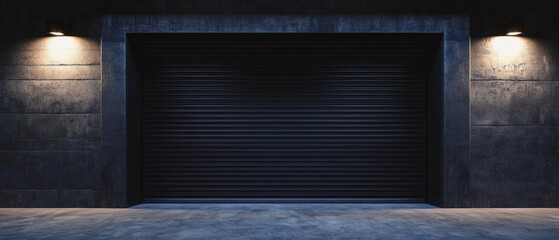 Closed dark roller shutter garage door front view