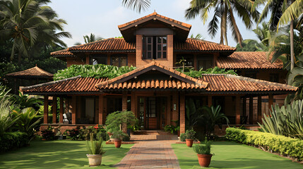 Indian house with traditional roof design at coastal side of Maharashtra