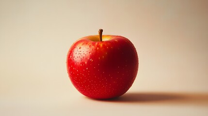 A vibrant red apple is captured with photorealistic detail against a creamy off-white background, showcasing its glossy skin and subtle yellow undertones in high-resolution macro photography.