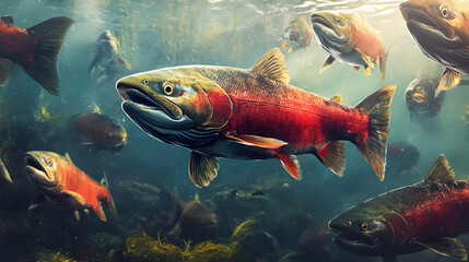 Fototapeta premium Salmon school swimming together in clear ocean waters, vibrant colors reflecting the dynamic movement of marine life