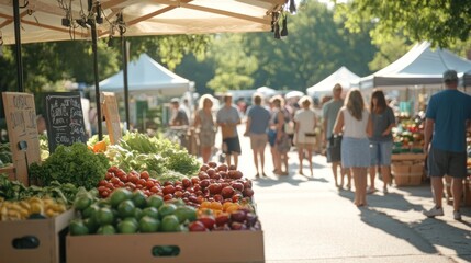 A farmer's market with local growers selling organic vegetables, fruits, and artisanal goods