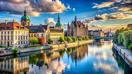 Fototapeta premium Scenic European Riverfront with Historic Architecture